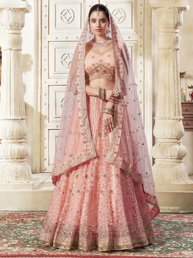 Adorable Peach Color Thread Work Net Engagement Wear Lehenga Choli - Ethnic Plus In